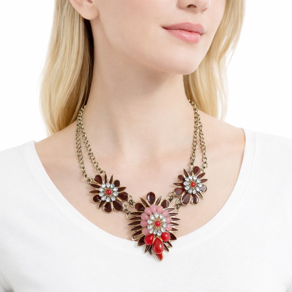 NY Necklace Fashion Flower Gold Tone Orange Pink Brown Rhinestone Accent 103-16